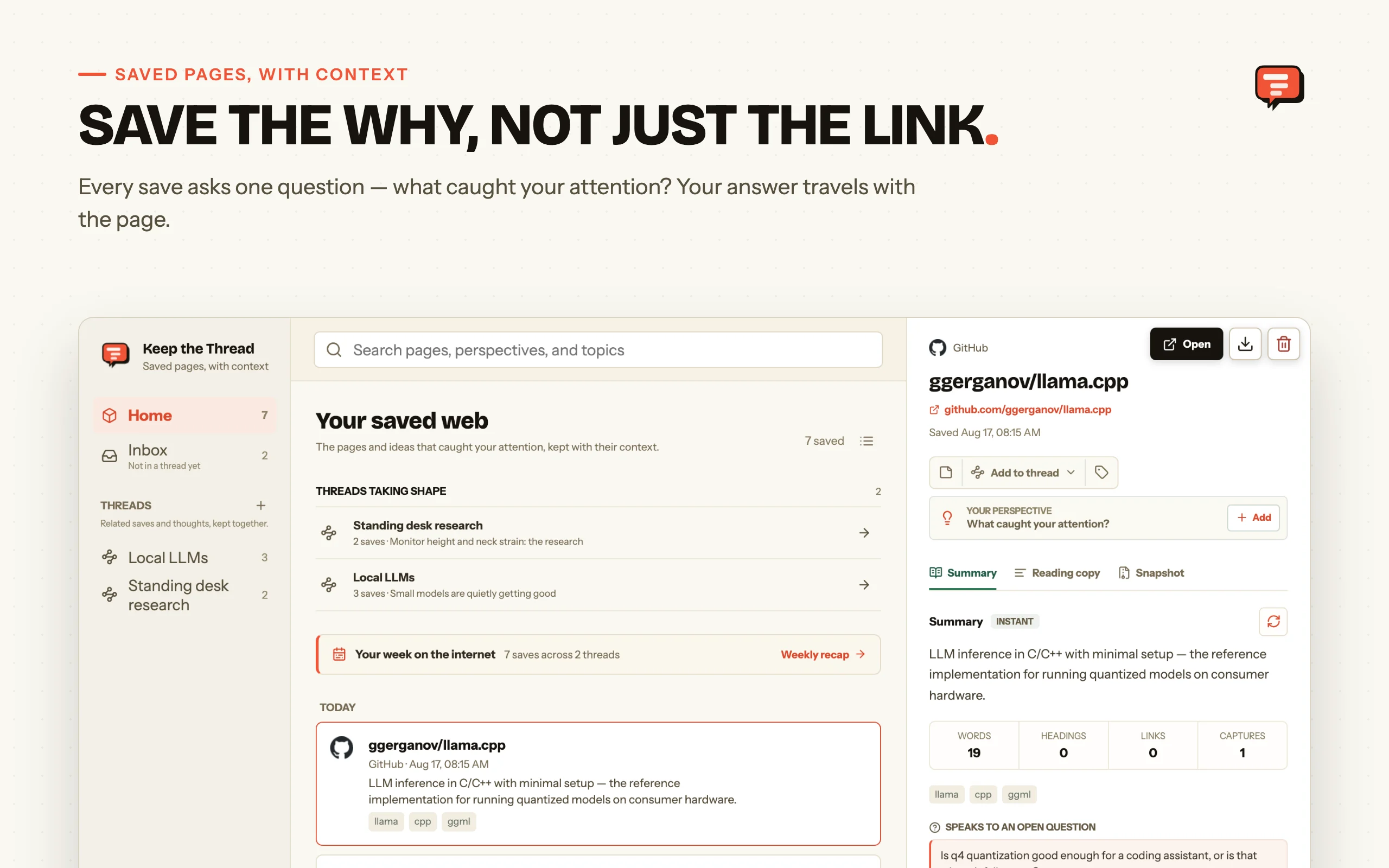 Save the why, not just the link — the home feed with saved pages and their context
